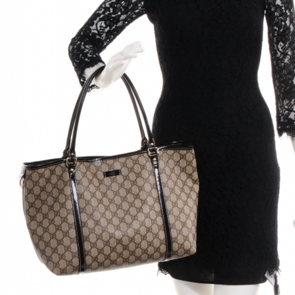 Gucci Beige Brown GG Canvas Tote with Black Leather Trim